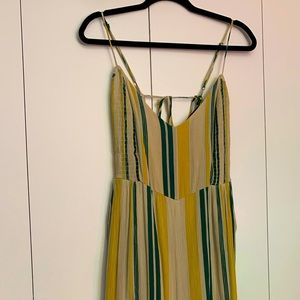 Francesca’s Blue Rain maxi yellow & green striped spaghetti strap linen romper